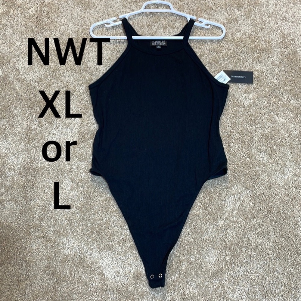 NWT (XL) (L) Danielle Bernstein high neck sleeveless black ribbed thong bodysuit